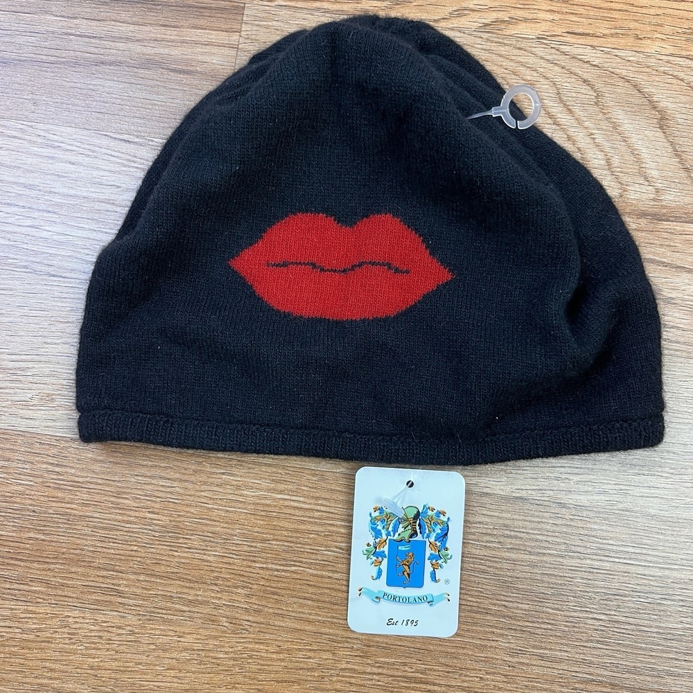 Portolano Women's Beanie Hat Lambs Wool, Rabbit Hair Black/Redβ Lips NEW